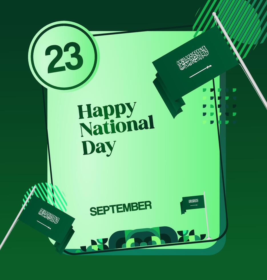 Saudi Independence Day celebration banner with flag and modern green geometric design. vector