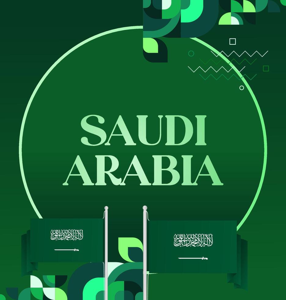 Saudi Arabia Banner with Trendy Geometric Design. Modern design template with green gradient and geometric accents, perfect for advertising or big celebration events vector