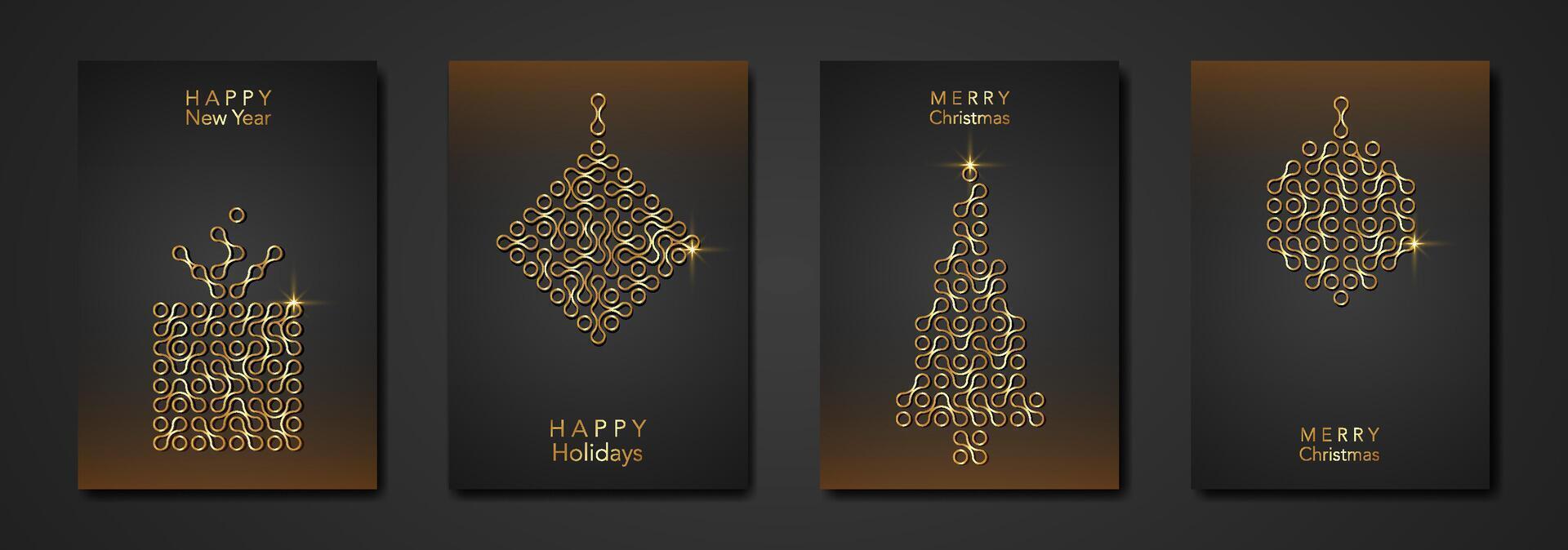 Set Christmas card in modern minimalist geometric style, gold texture, golden luxury black background, elements for calendar and greetings cards or Happy New Year themed winter holiday invitations vector