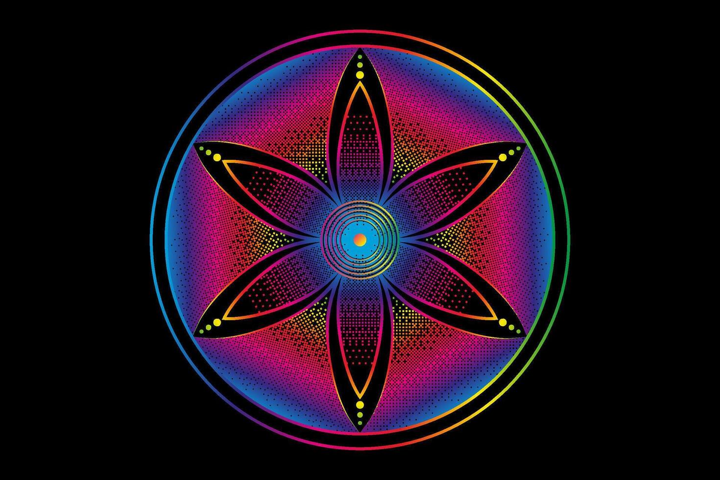 Seed Flower of life lotus icon, logo mandala sacred geometry, Pixel art design, light spectrum symbol of harmony and balance. Mystical talisman, round design isolated on black background vector