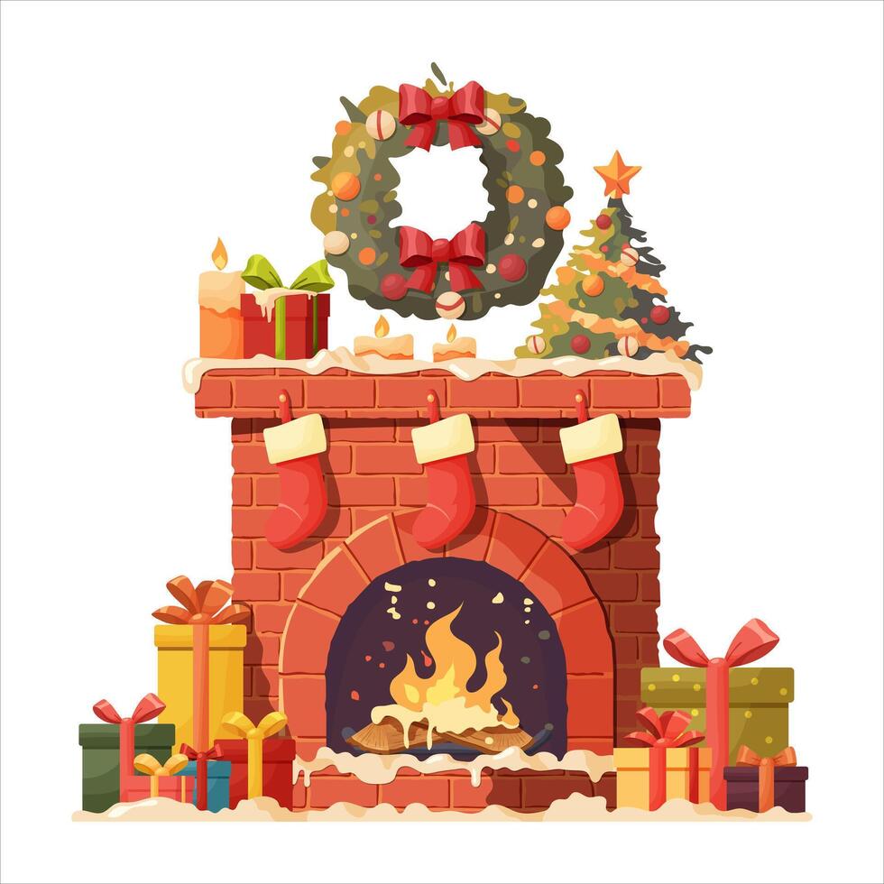 A brick fireplace decorated for Christmas with socks, a Christmas tree, candles, gifts and a wreath. Cozy interior with fireplace. Isolated on a white background vector