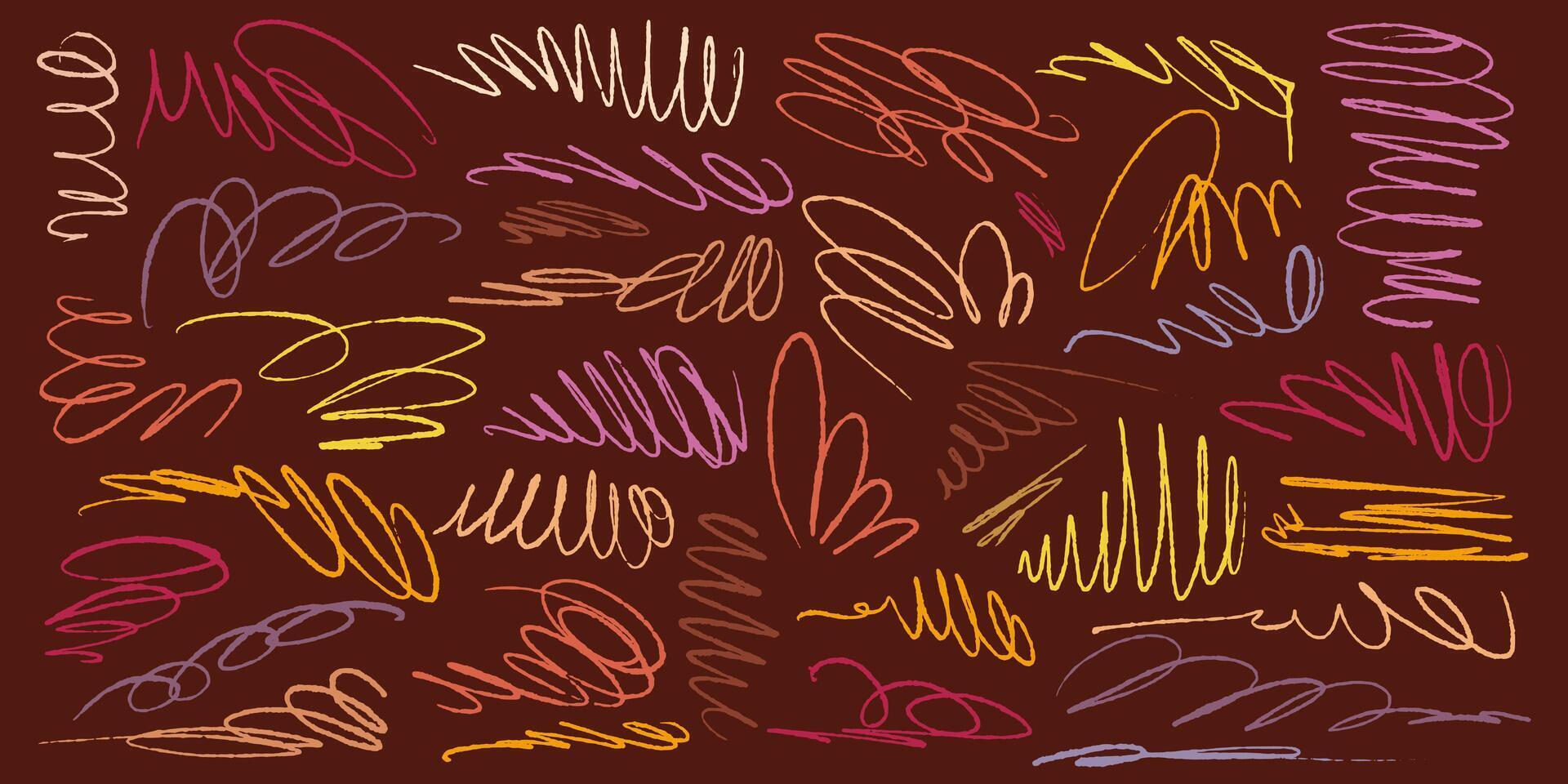 Vintage Colorful Squiggly Pencil lines in Hand Drawn Style. Creative brush lines with rough, chalk edges vector
