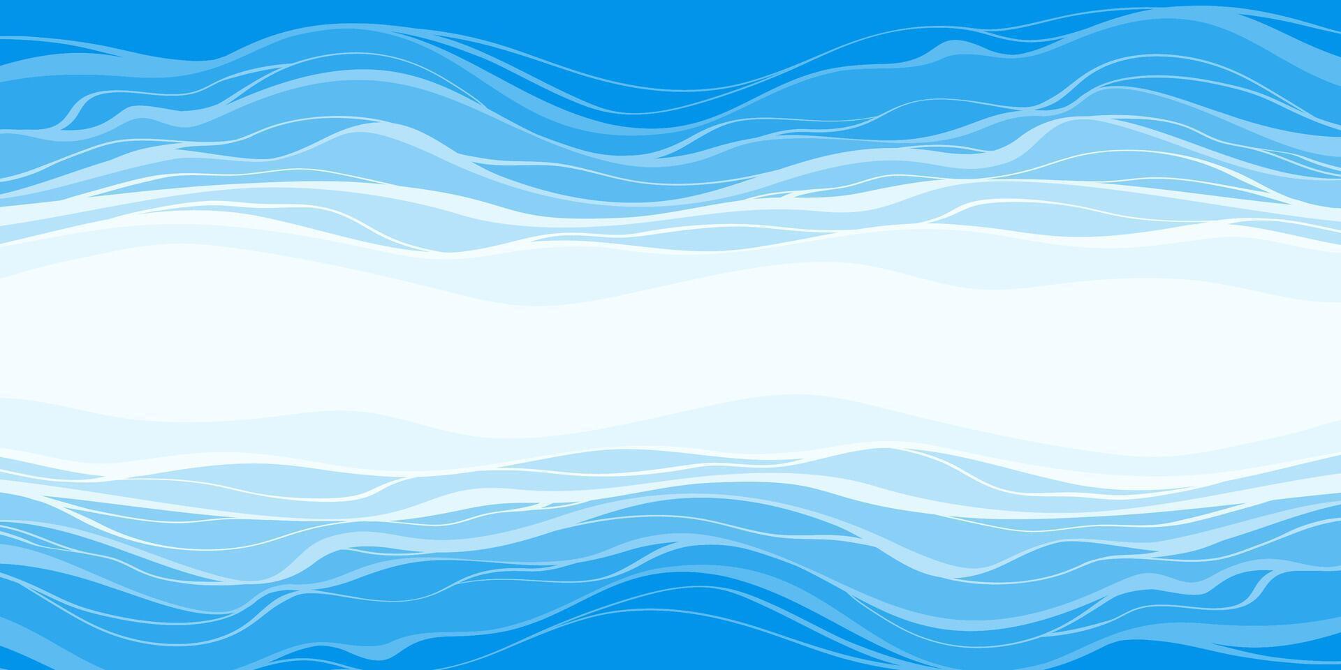 Ocean Waves in Blue Tones drawn in Cartoon Flat Style on a White Background. Banner with a Clear Sky vector