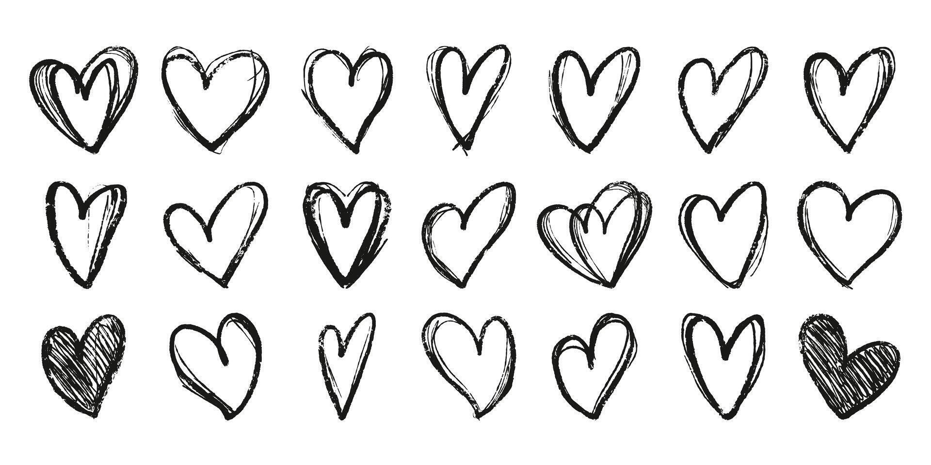 Collection Grunge Black Hearts with Abstract Shapes Drawn with Crayons and Markers Isolated on White Background. Set of romantic rough symbols vector