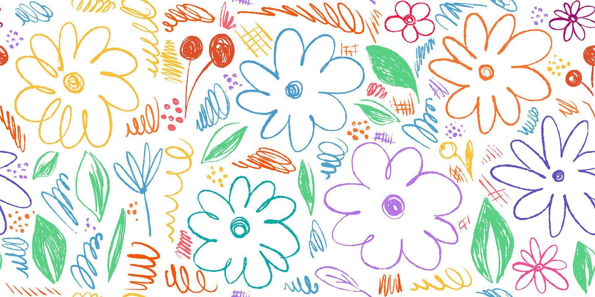 Doodle Seamless Pattern with Cute Flowers, Leaves and Berries. Simple grunge botanical background. One line chamomile flower. Children sketches scattered on a white background vector
