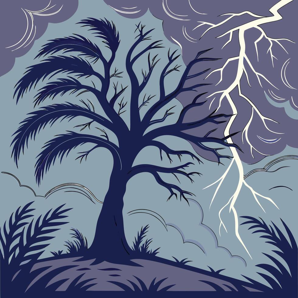 A tree with lightning and a storm in the background vector