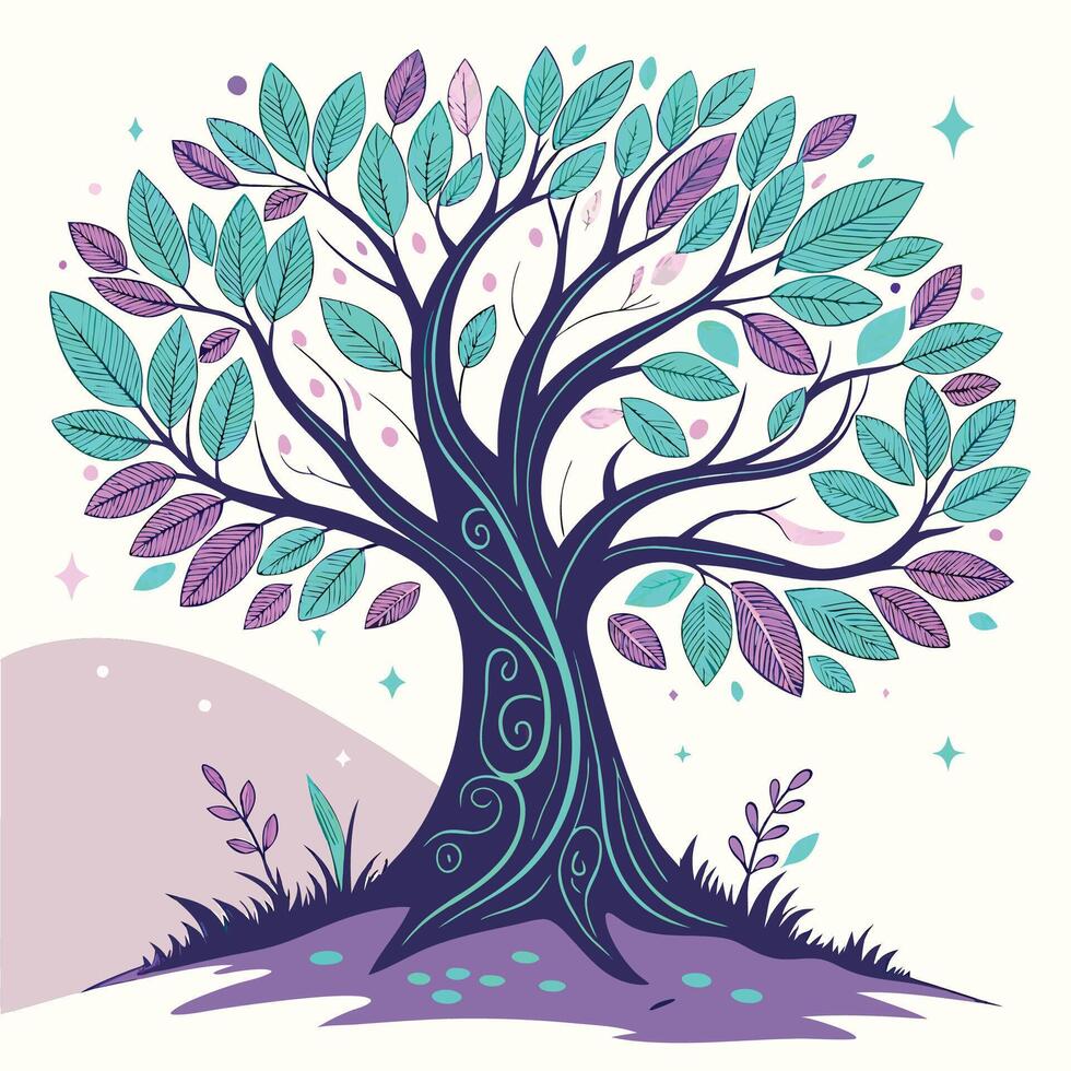A tree with purple leaves and stars vector