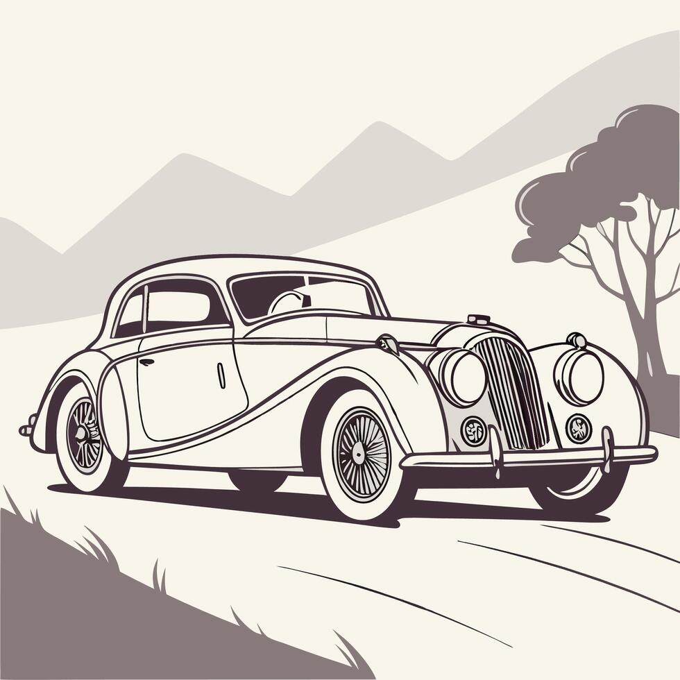 An old car driving down the road in a country setting vector