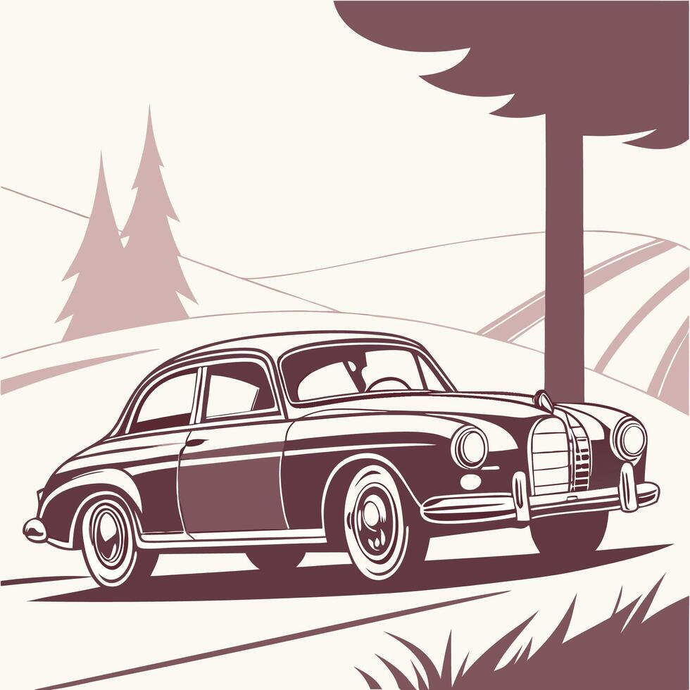 Retro car driving on the road in the countryside vector