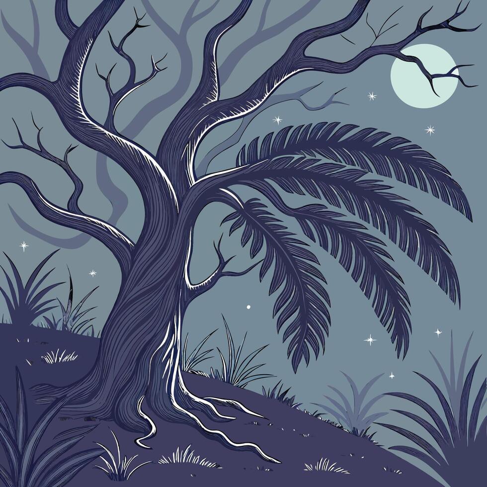 A cartoon illustration of a tree in the night vector