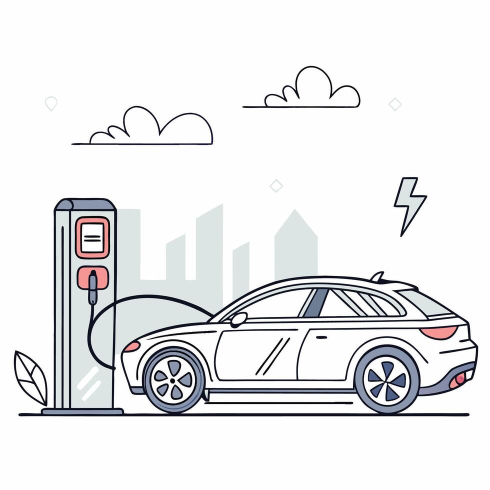 Electric car charging station with city skyline background vector