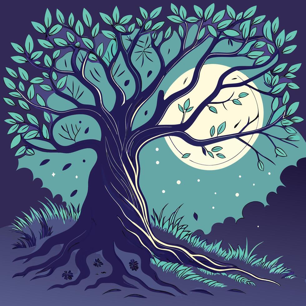 A tree with leaves and moon in the background vector