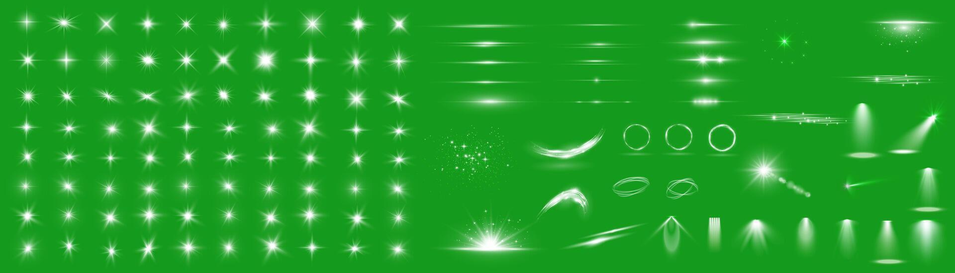 Light effect set. Glow isolated white light effect set, lens flare, explosion, glitter, dust, line, sun flash, spark and stars, spotlight, curve twirl. Sunlight, abstract special effect. vector