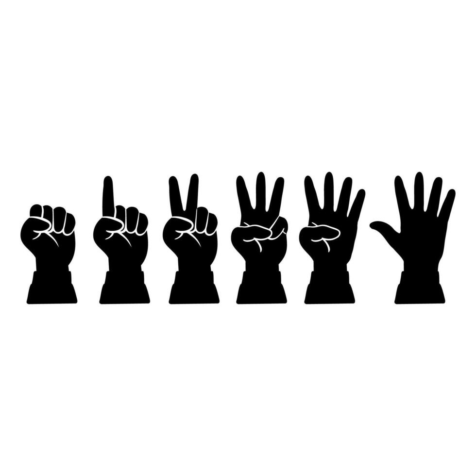 Black Silhouette Icon Set of Hand Shows a Different Number of Fingers Isolated on White Background vector