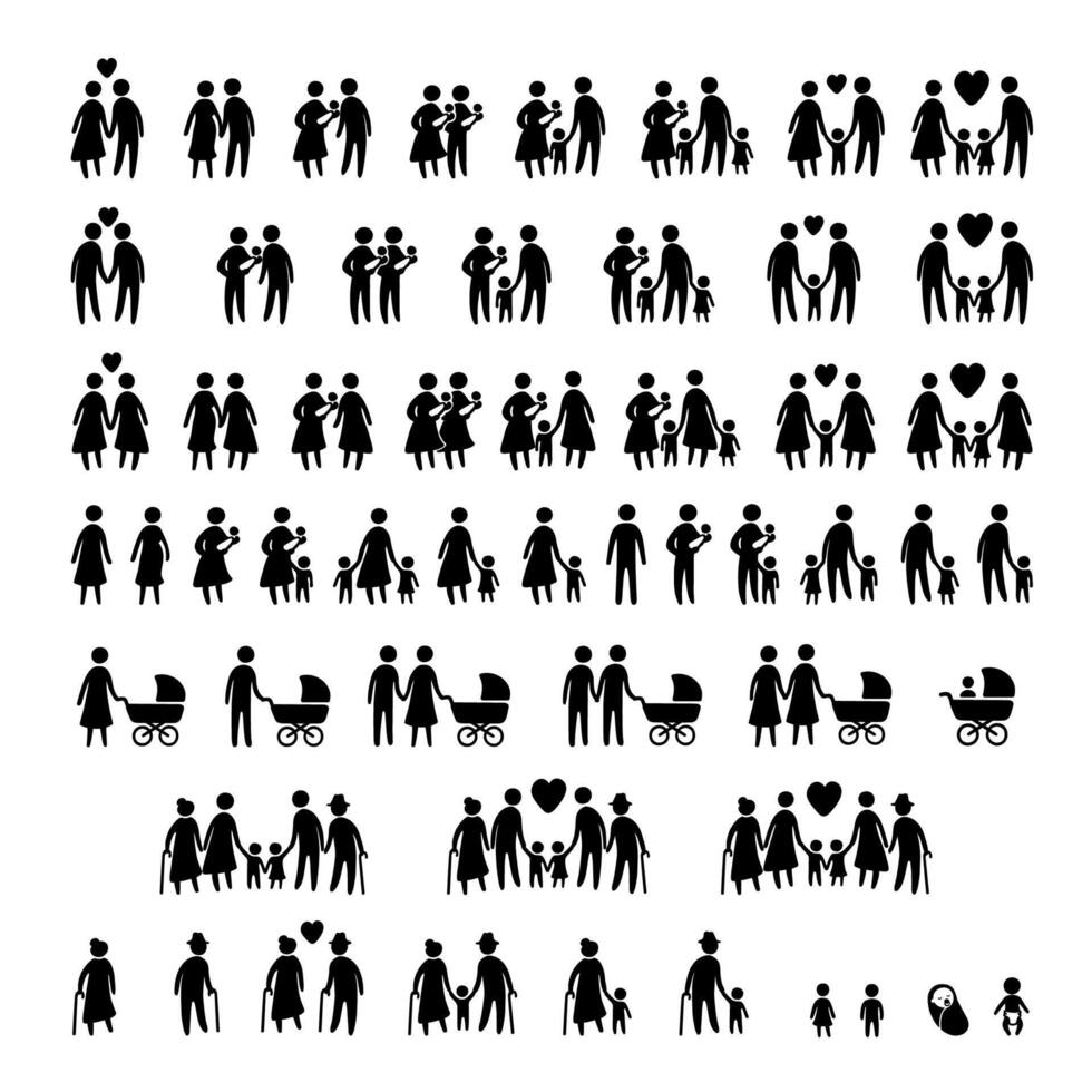 Black Silhouette Icon Set of Different Family Isolated on White Background vector