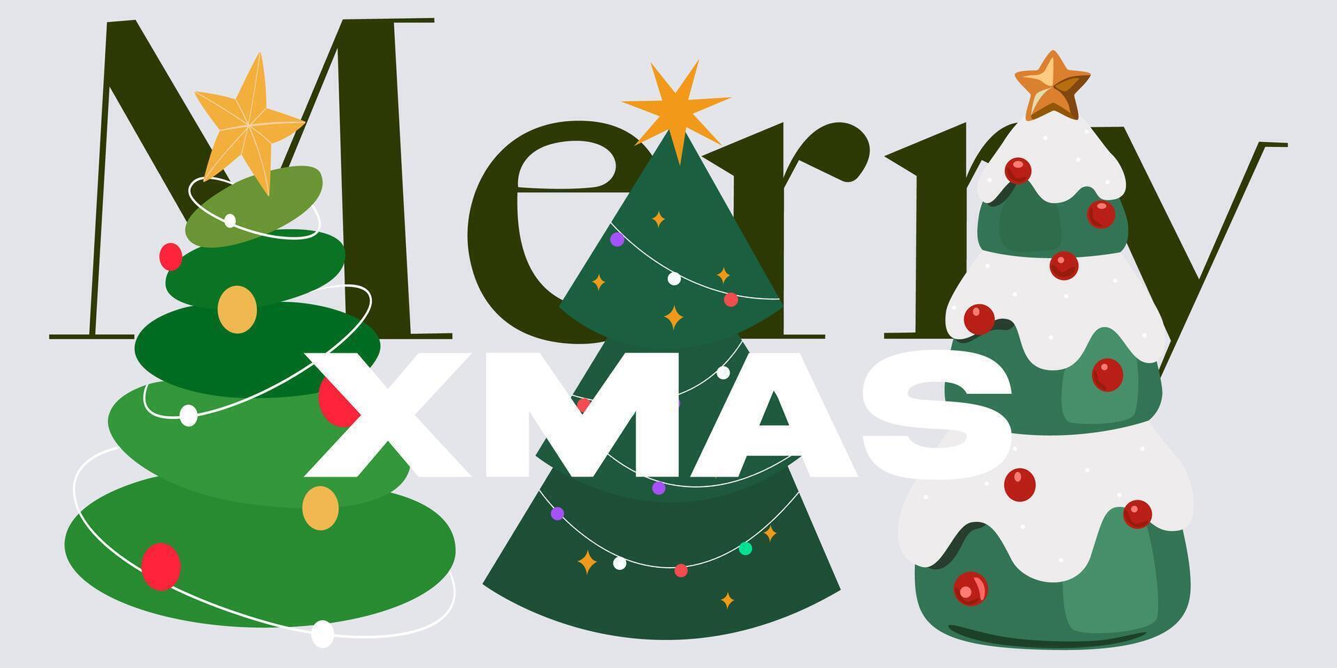 Christmas tree collection. decorated Christmas trees set with balls, stars, and garland. Merry Christmas and Happy New Year banner, invitation, decoration vector