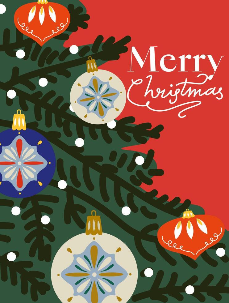 Merry Christmas and Happy New Year retro greeting card. Vintage Xmas design with typography and a Christmas tree with a garland and tree toy on a red background vector