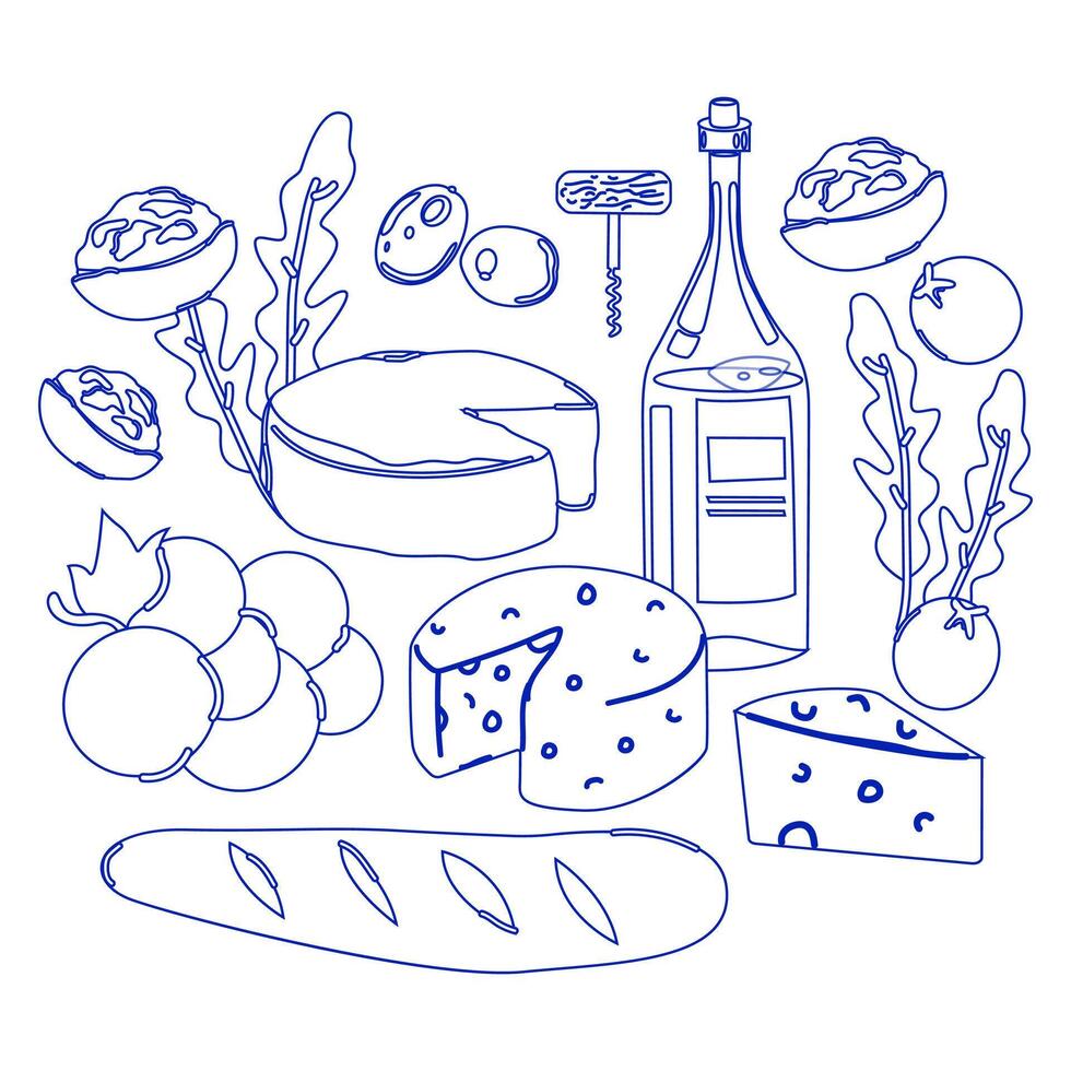 Hand drawn doodle composition with food. Various types of cheese set, wine, baguette and other snack. Linear art for kitchen poster vector