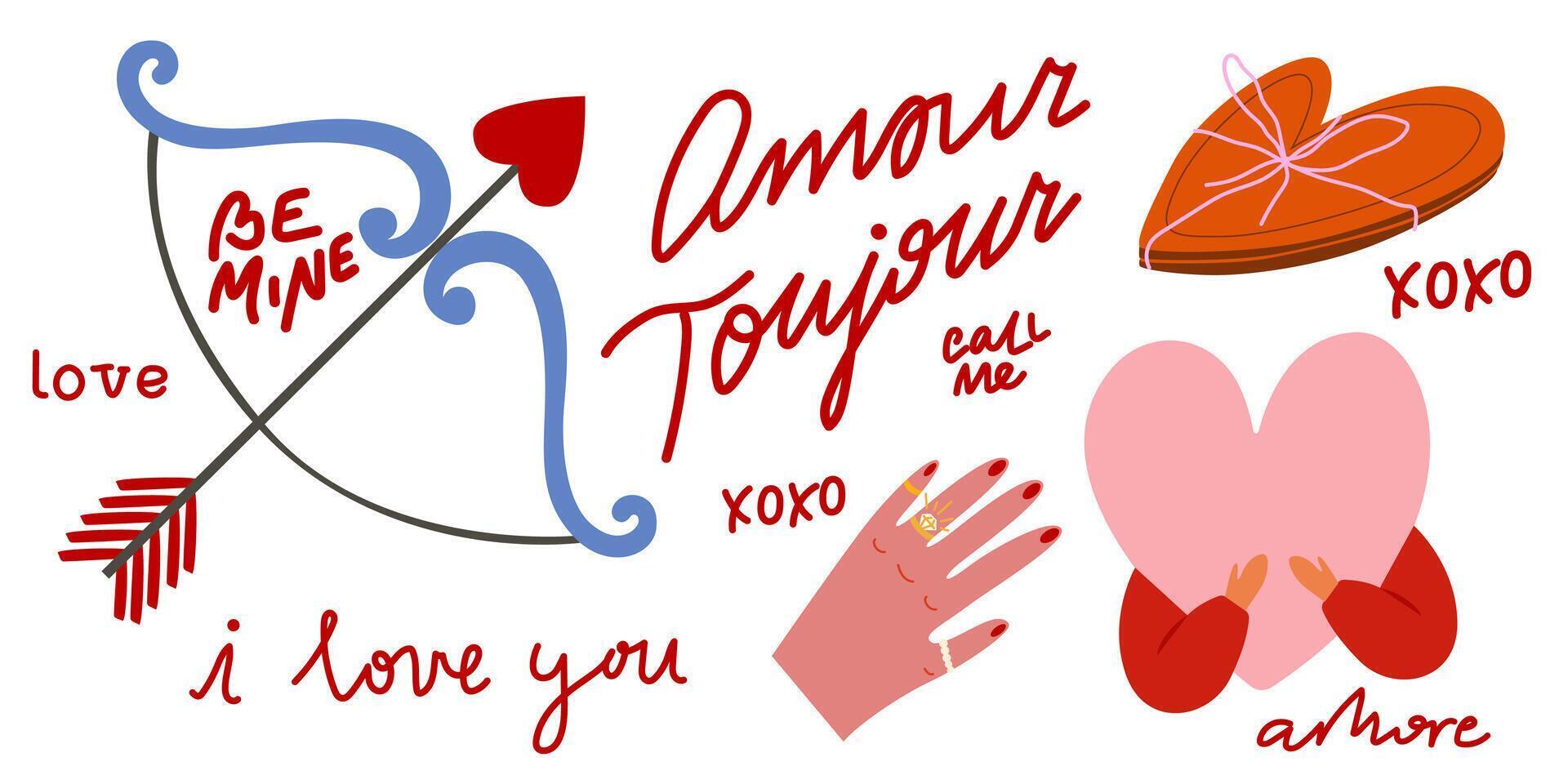 Stickers for St. Valentine's Day on February 14 in retro 90s style. romantic flat elements. Hand written declarations of love vector