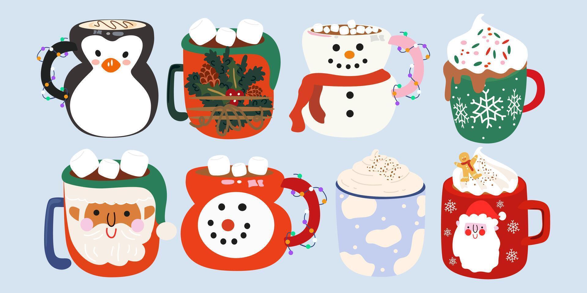 Hot aroma Christmas coffee and cacao drinks collection. Mugs for Xmas, New year or winter holidays. Flat different hot beverages. Mugs of Cocoa with marshmallow, coffee with cream vector