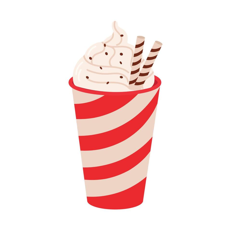 Coffee cup with whipped cream and wafer sticks. Flat illustration. vector