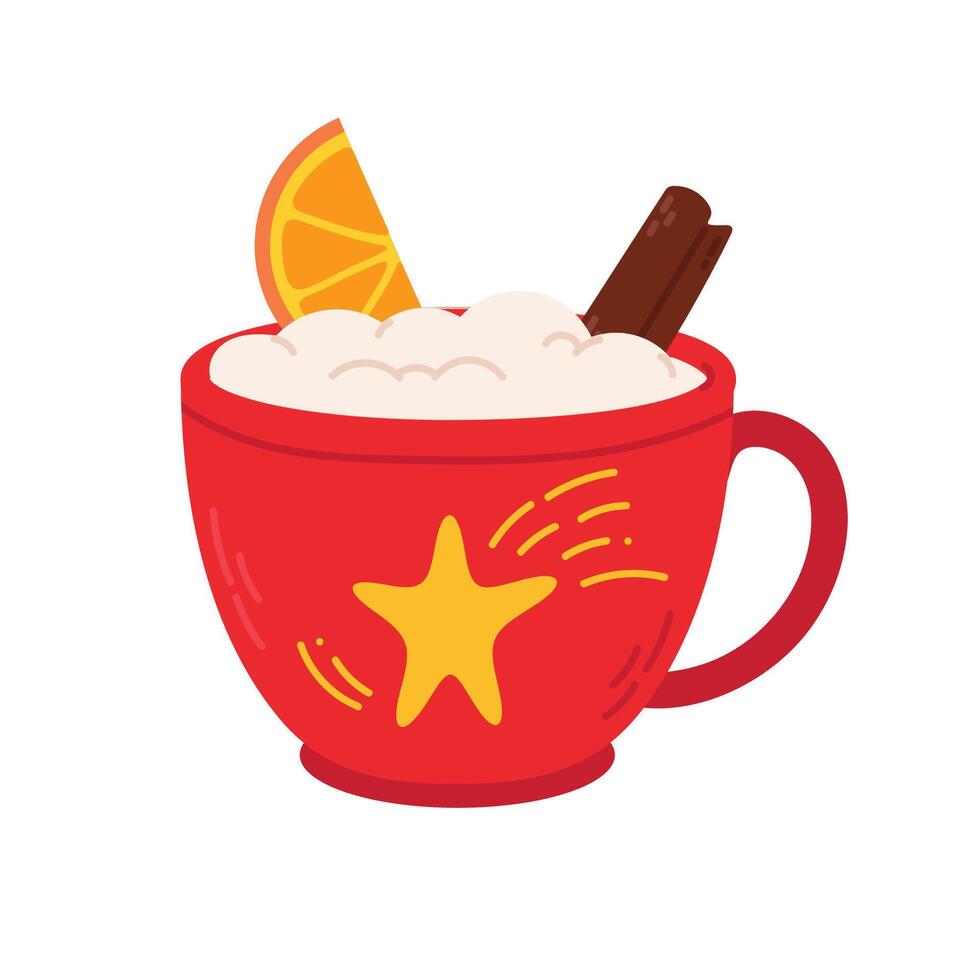 Red holiday mug with an orange slice, cinnamon sticks, and a star design vector