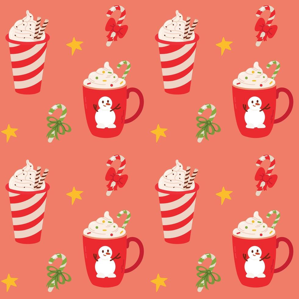 Christmas seamless pattern with cup of hot chocolatehmallows, candy canes and snowman vector