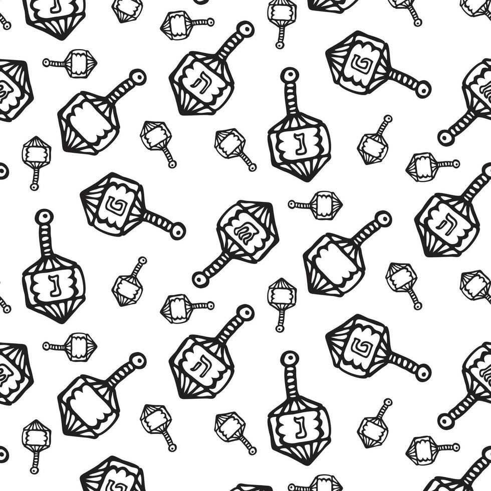 Hanukkah digital seamless pattern. Endless ornament with black silhouettes of dreidels with letters A great miracle happened here, there. Print, background design, papers, wrapping, packaging vector