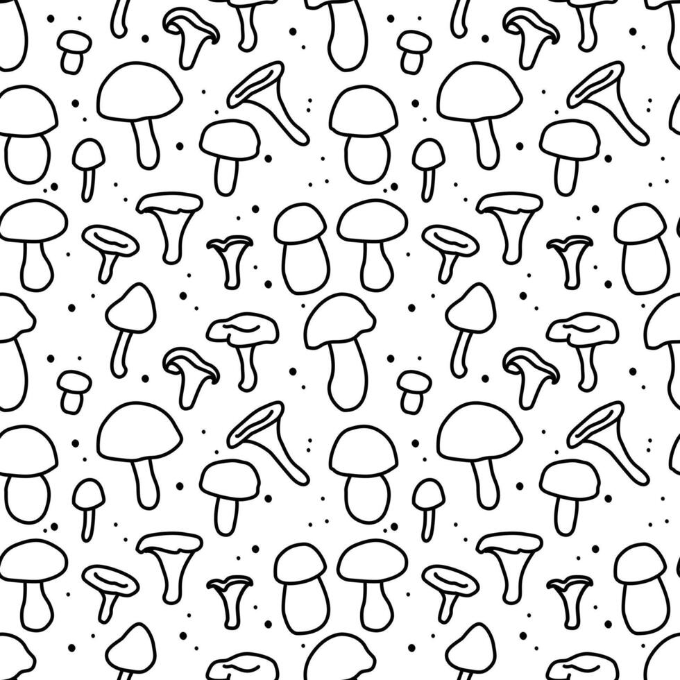 Doodle mushroom pattern. Seamless, endless pattern. Black simple contours on a white background. Fabric, textile, print, web, wallpapers, backgrounds, wrapping papers, packaging vector