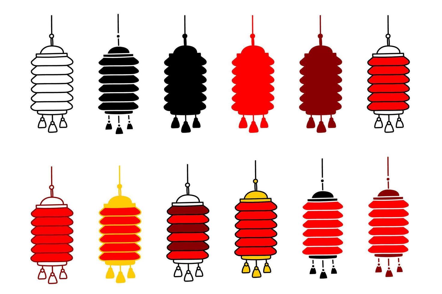 Red paper lantern icon collection. Rectangular lamp with tassels, different styles. Simple clipart. Lantern festival, Chinese, Lunar New Year, festival holidays. Asian, oriental, design art elements vector