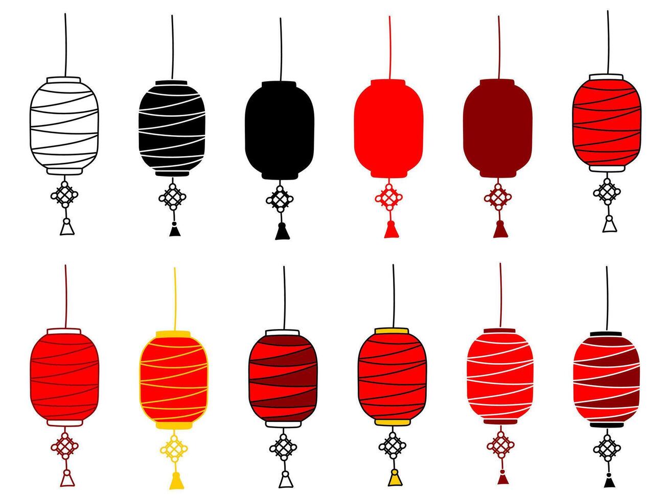 Set of oval red lanterns, Chinese knot, different styles. Lantern festival, Chinese, Lunar New Year, festival holidays. Art design element, oriental. Paper lamp. Asian celebration, street decoration vector