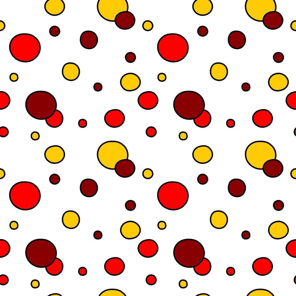 Endless geometric pattern. Seamless ornament, cheerful colorful round shapes, circles. Yellow, red, bordo, black contour. Graphic illustration, fabric, textile, print, web, wallpaper, background vector
