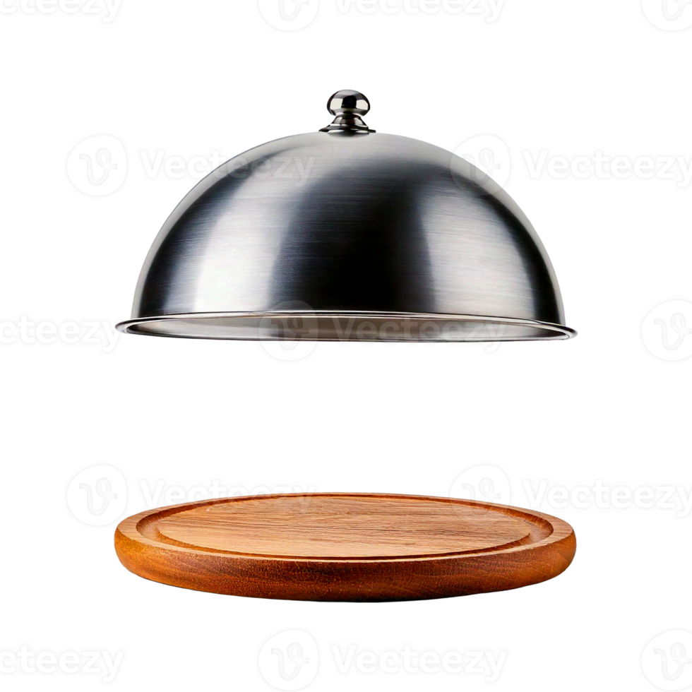 Silver serving cloche raised above the empty wooden plate for food display png