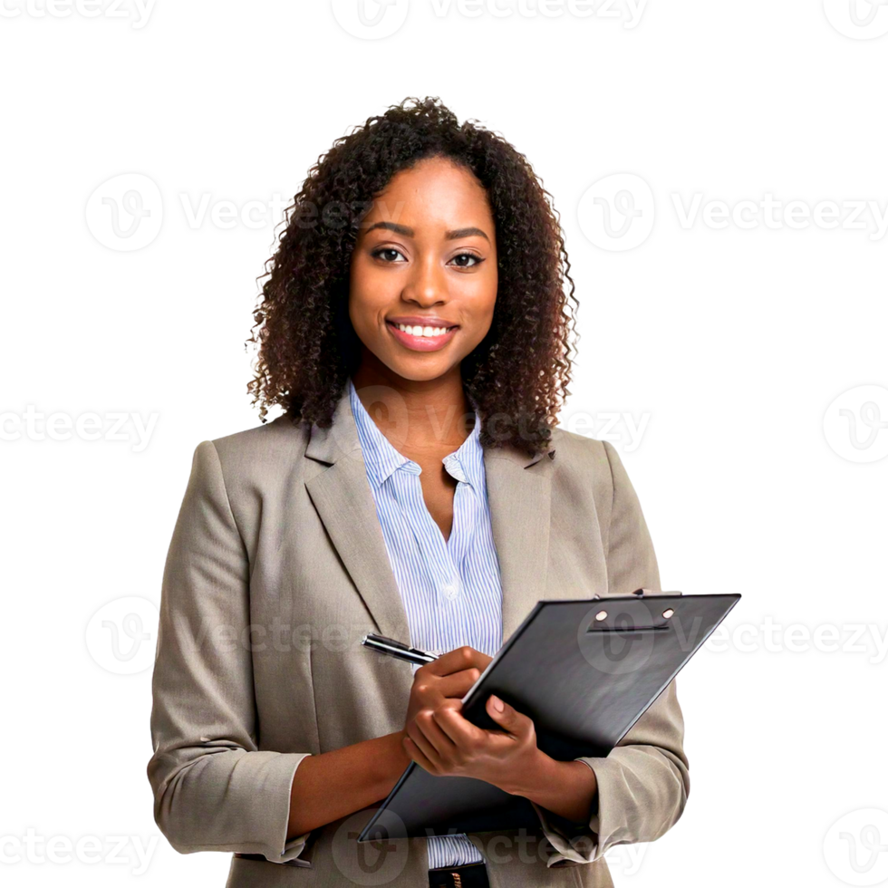a woman is holding a notebook and a pen. png