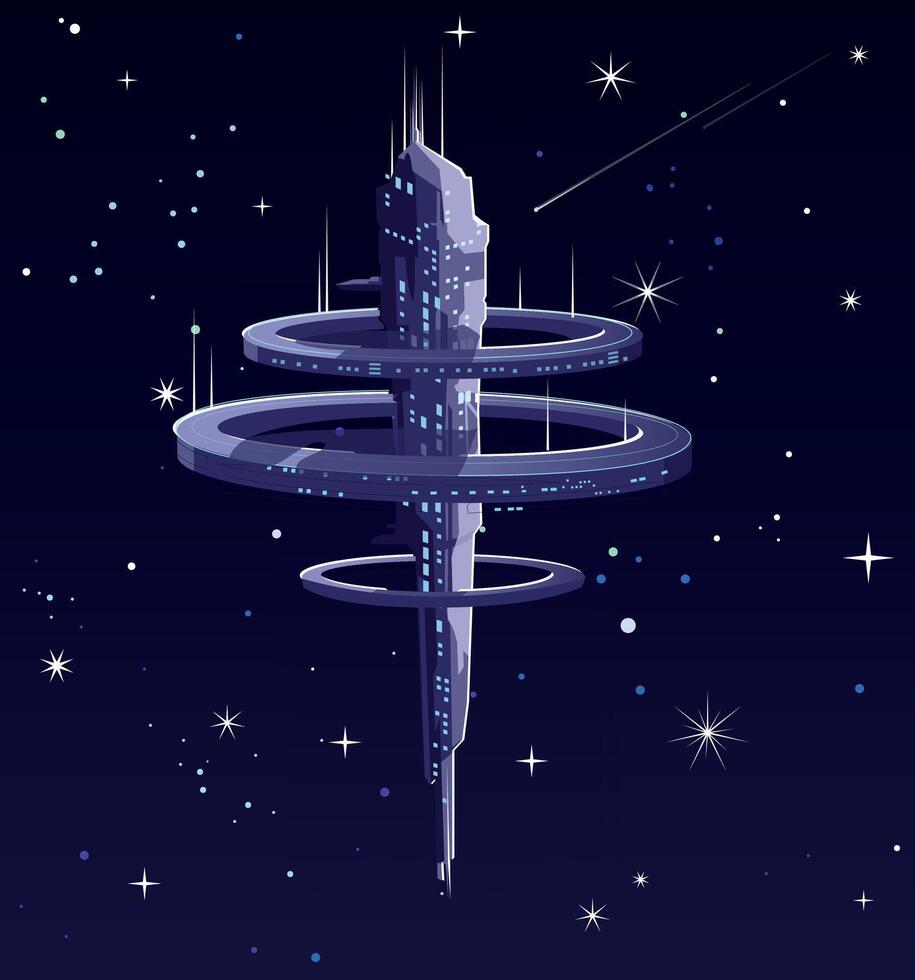 A tall space structure resembling a science base in space or a space elevator reaching for the stars vector