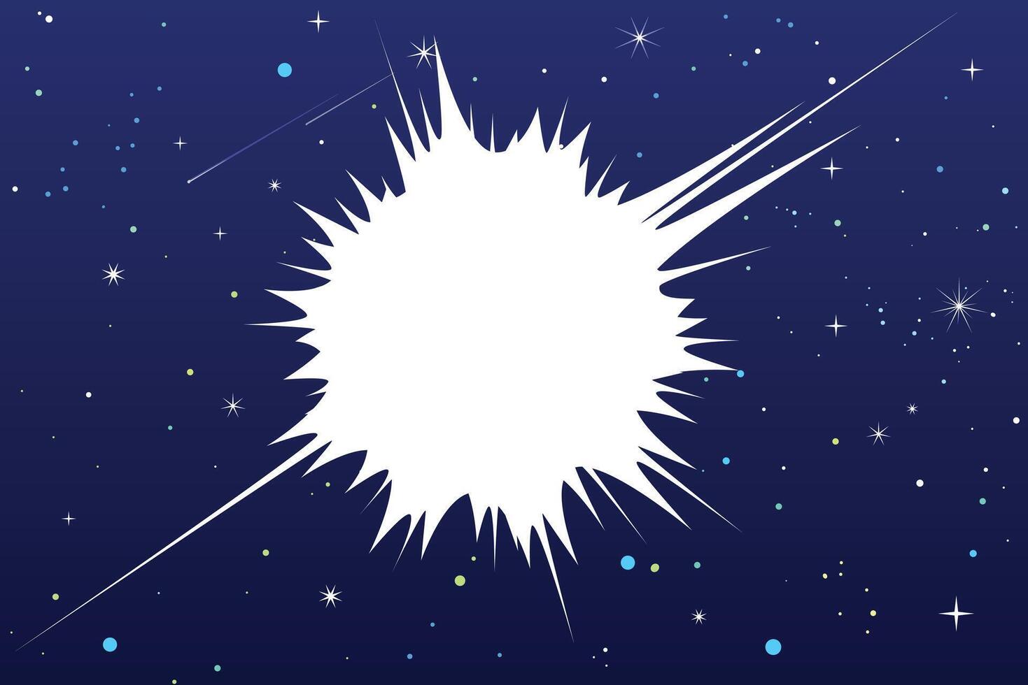 Nadnova flare. A bright flash of white light in the starry sky, symbolizing the explosion of a supernova and the birth of new stars vector