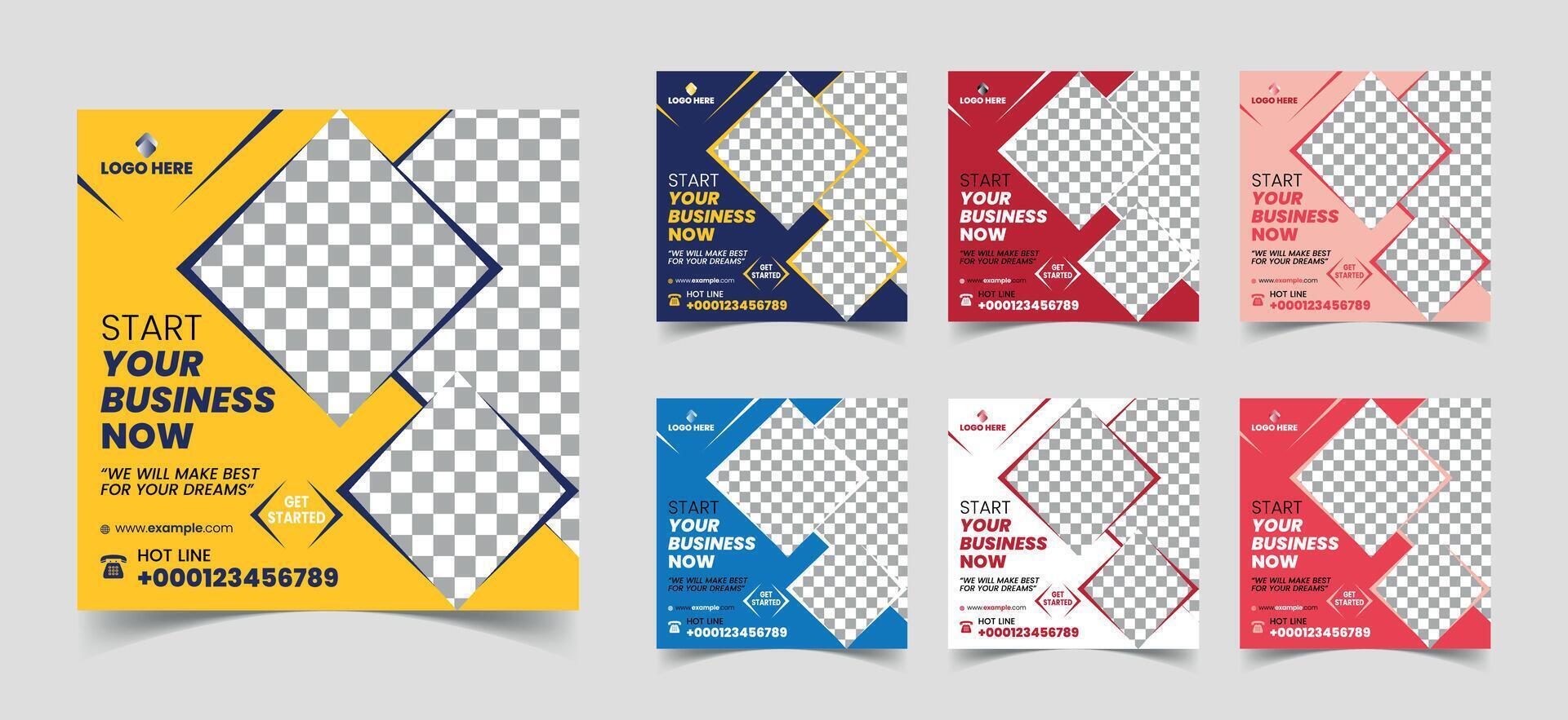 Social Media Post Layout Set with various colors. Square social media poster for school, medical, corporate office etc. this social media post template with photo collage. vector