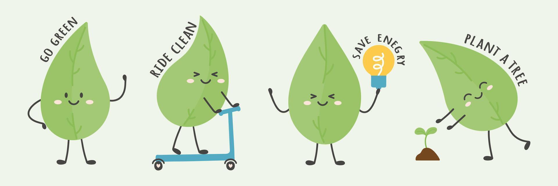 Ecology set with leaf character and slogans vector
