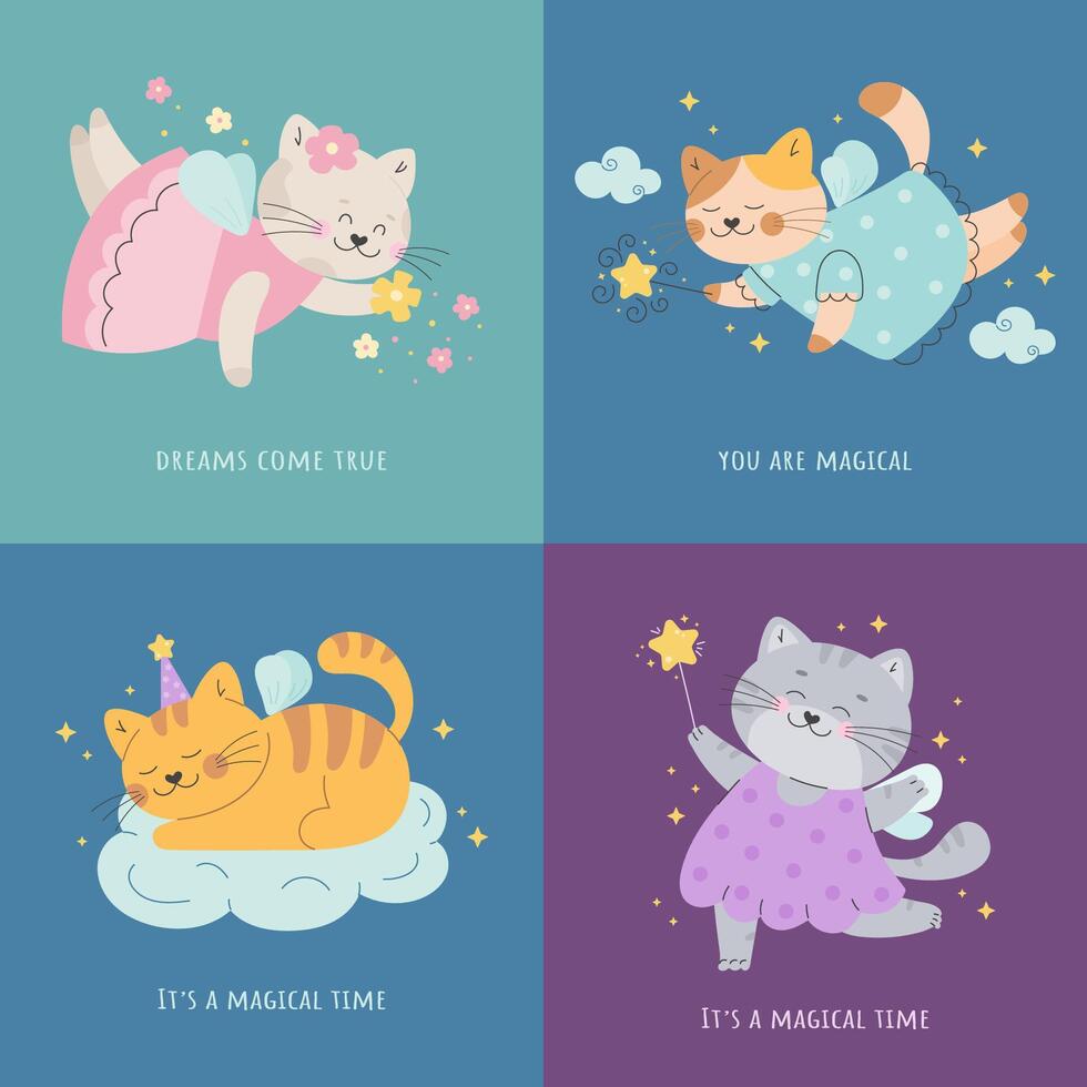 Cute fairy tale cat with wings magic poster set vector