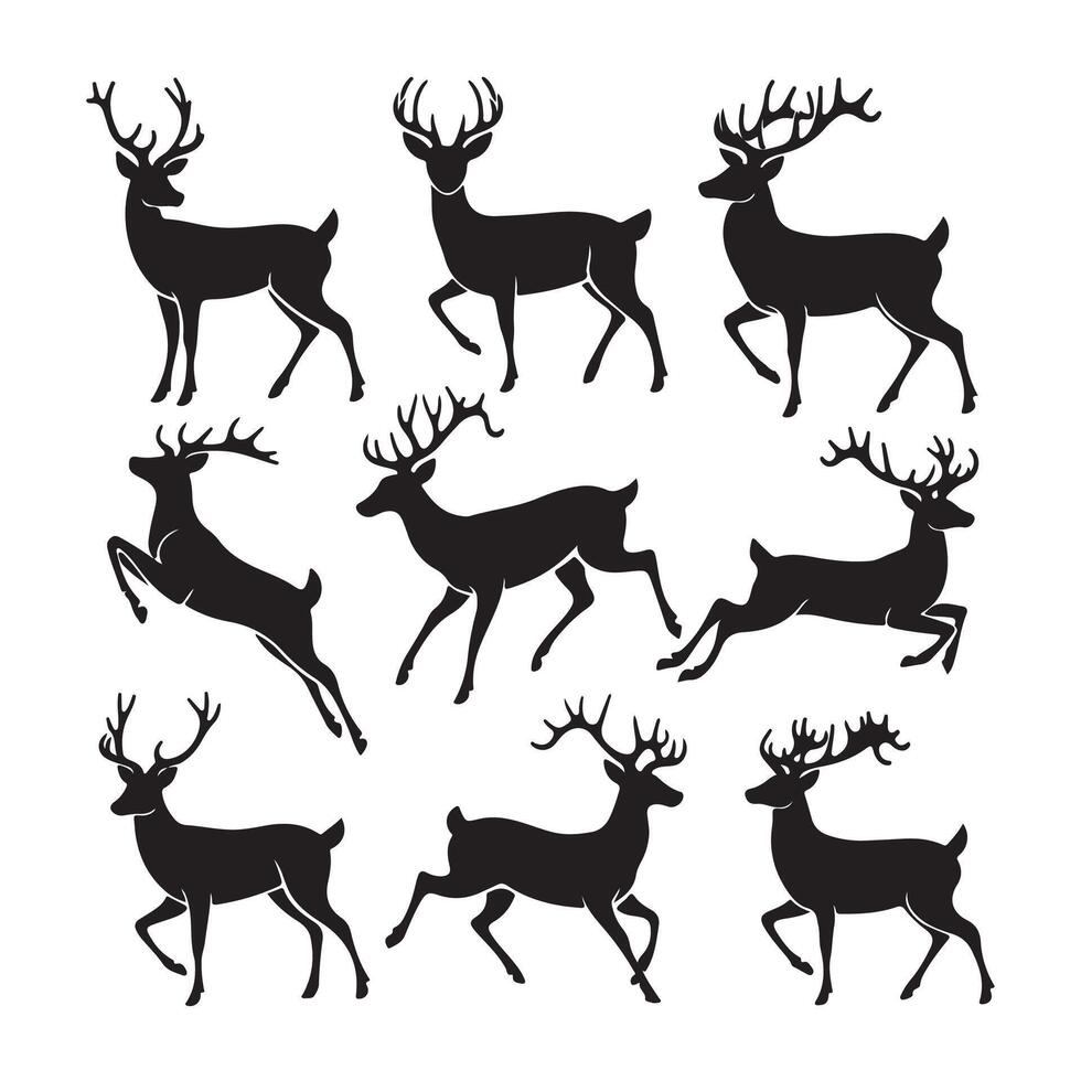 Set of wild deer silhouettes in flat style isolated on white background. illustration vector