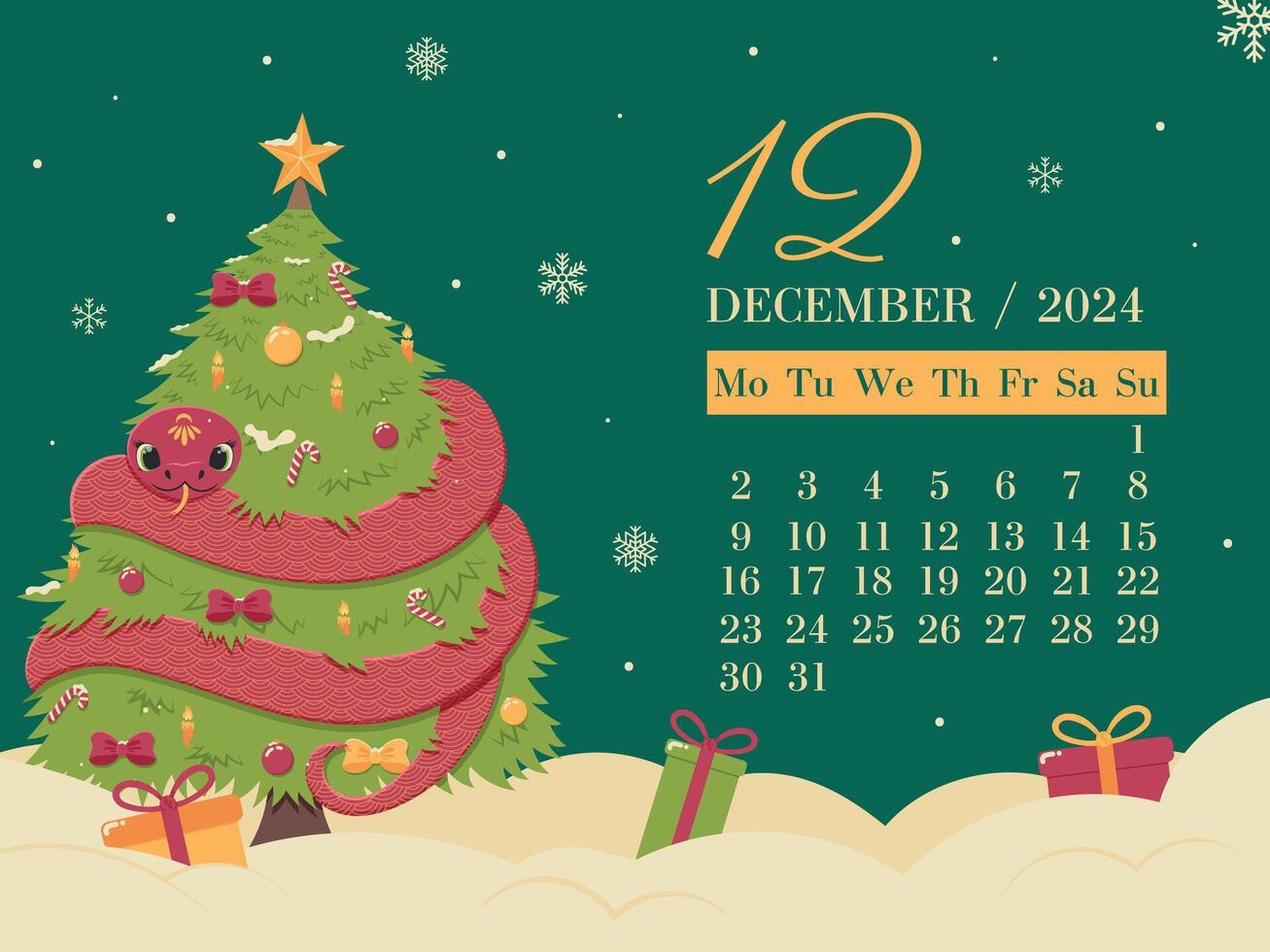 merry christmas and happy new year december calendar, snake and christmas tree, winter calendar design vector