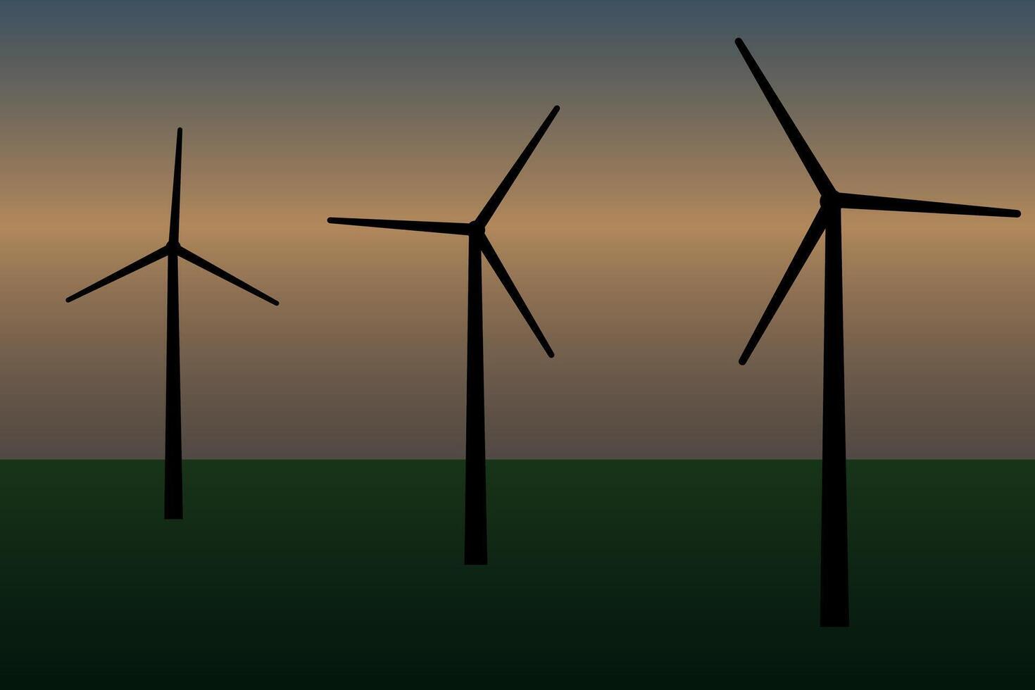 Wind generators, turbines against sunset background. vector