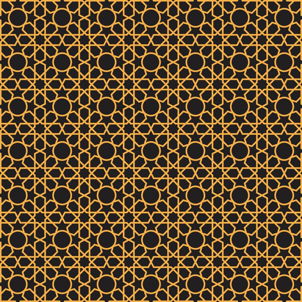 Abstract background with intricate gold Islamic patterns on a rich black backdrop. vector