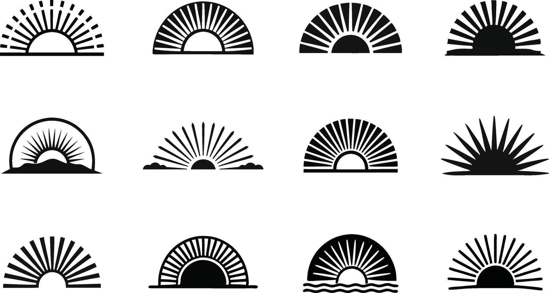 Collection of Sunrise and Sunset Icons with Sunburst Rays, Isolated on White Background. Pro vector