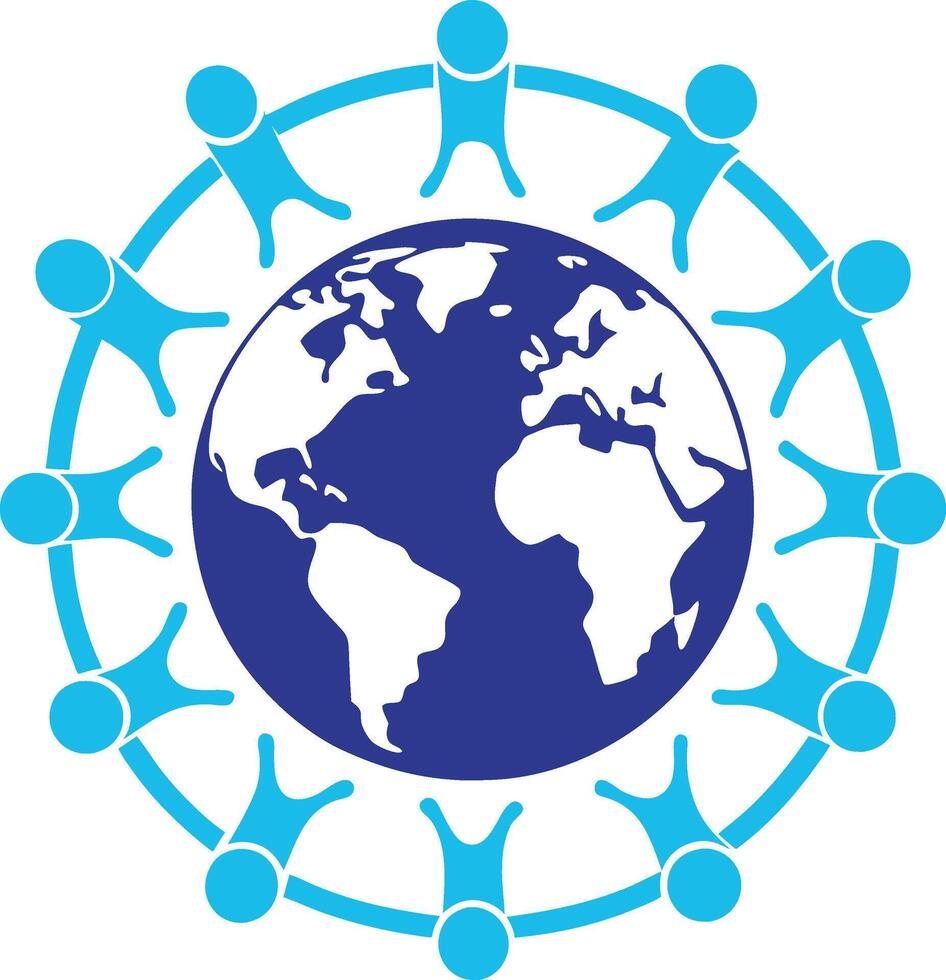People standing around globe. People gathering icon in trendy flat style. Pro vector