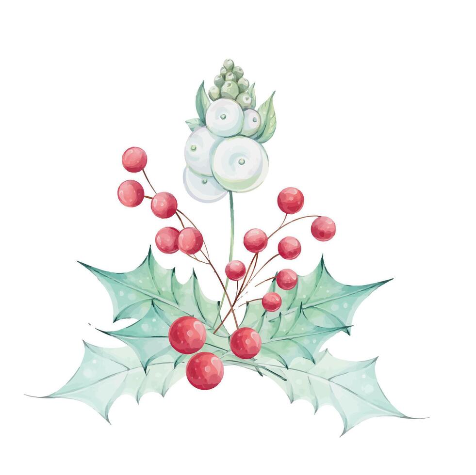 Christmas watercolor bouquet with holly green leaves and red berries. Winter composition, decor. Illustration hand drawn for design, printing, greeting cards. clip art vector