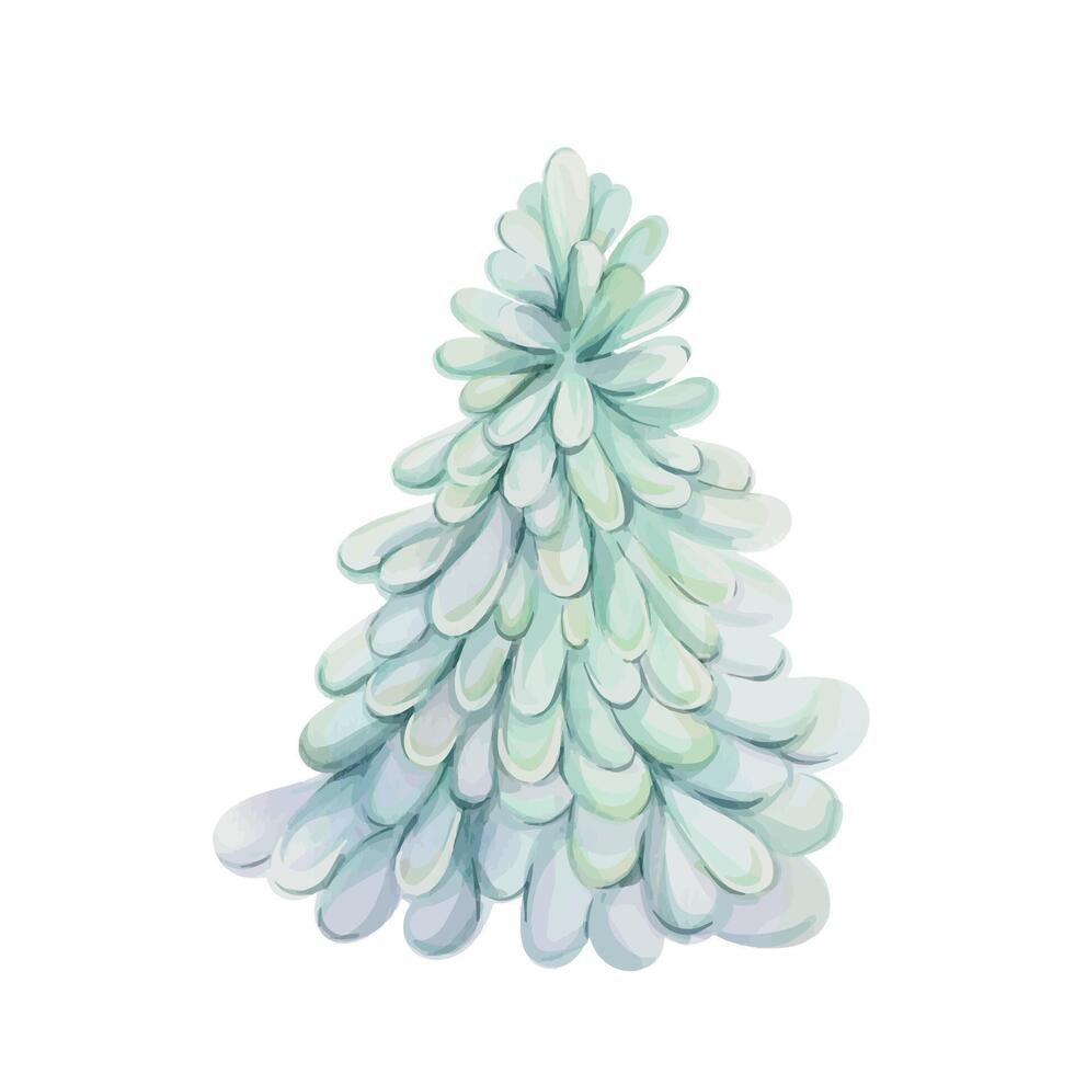 Watercolor green Christmas tree, isolated. Cartoon romantic style. For Merry Christmas winter card. Cute tree forest. clip art vector