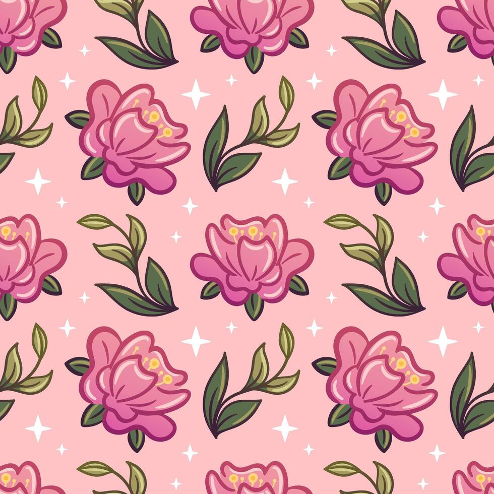 Charming pink floral design in a kawaii style, adorned with lively green leaves. Ideal for use as wallpaper, fabric, packaging, or backgrounds, adding a delightful touch to any project. vector