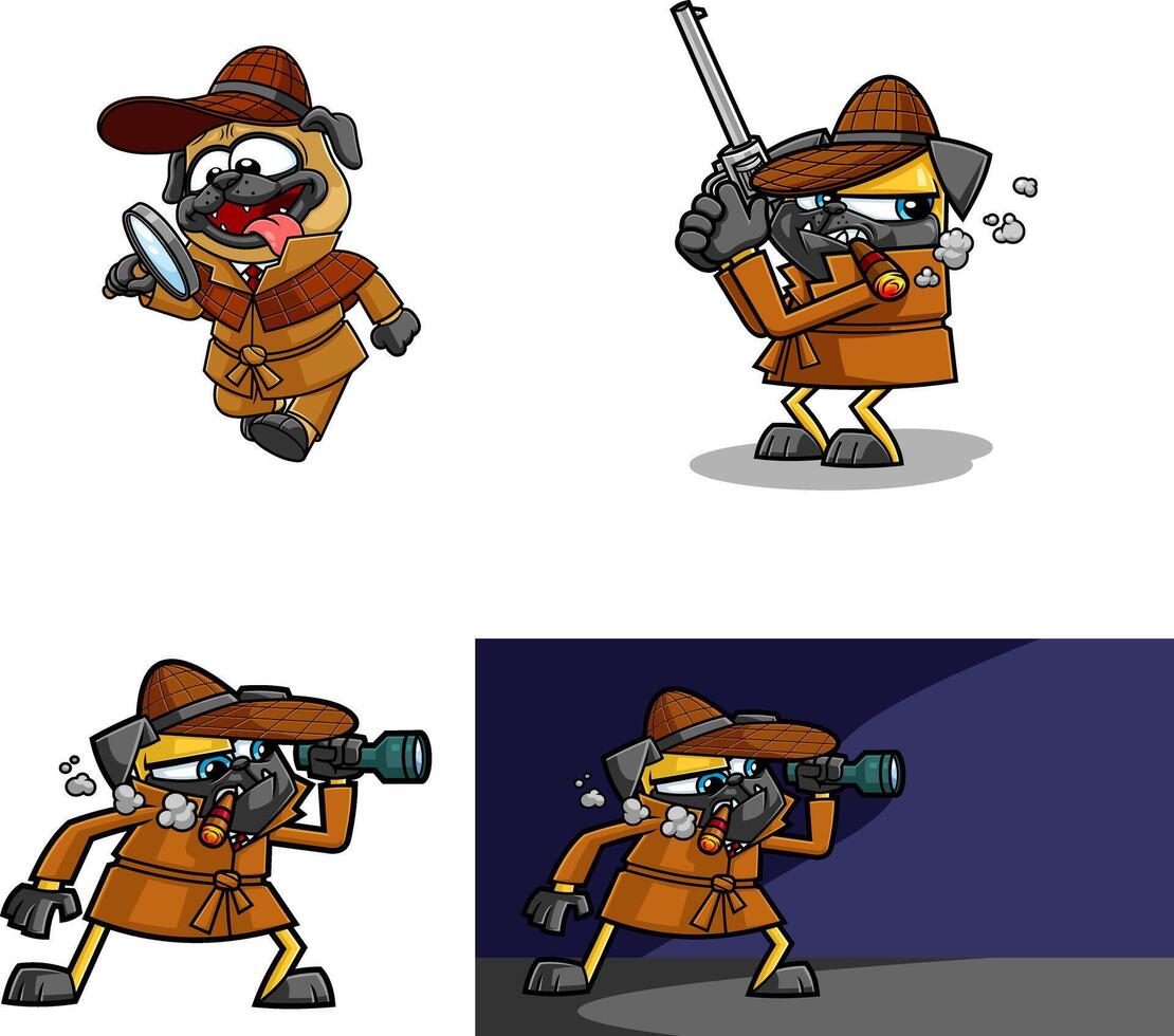 Detective Pug Dog Cartoon Character. Hand Drawn Collection Set vector