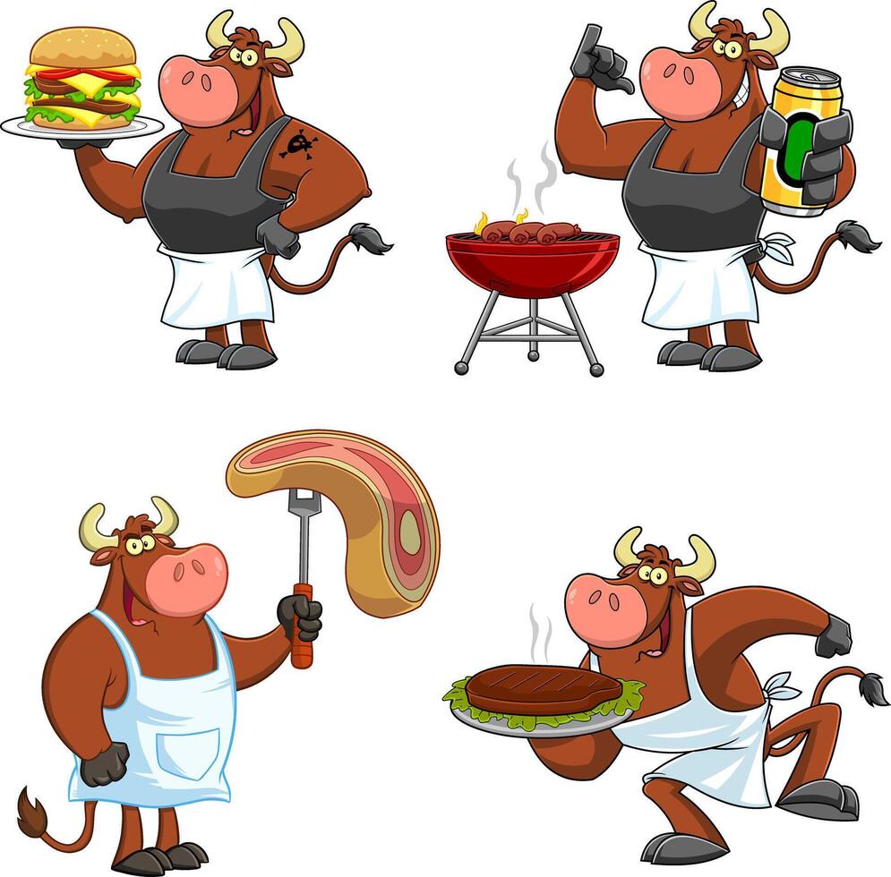 Bull Cartoon Mascot Character Different Poses. Hand Drawn Collection Set vector